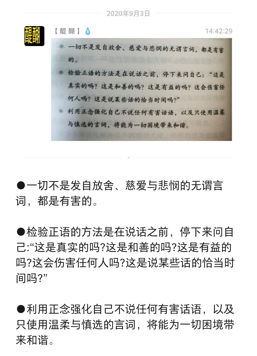 一切不是发自放舍、慈爱与悲悯的无谓言词，都是有害的。