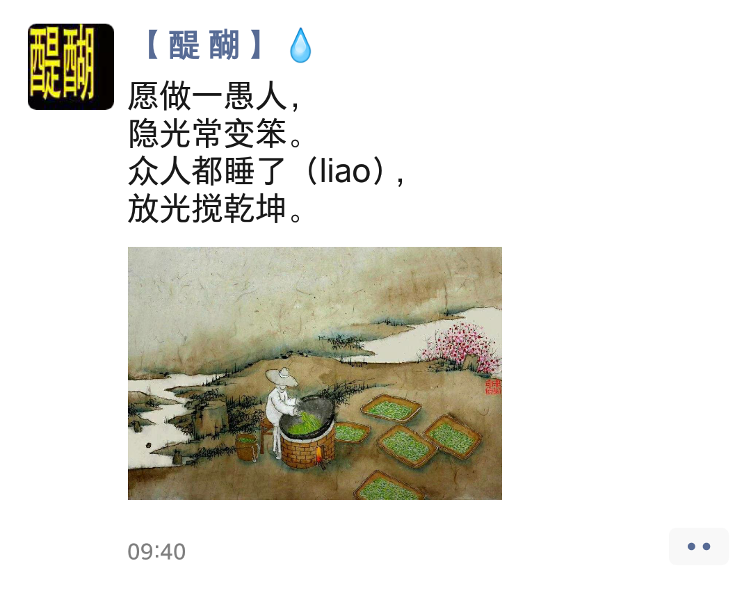 愿做一愚人， 隐光常变笨。 众人都睡了（liao）， 放光搅乾坤。