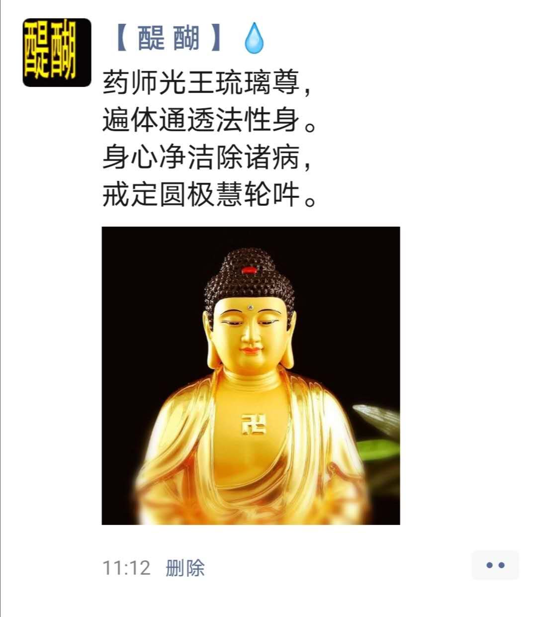 药师光王琉璃尊， 遍体通透法性身。 身心净洁除诸病， 戒定圆极慧轮吽。